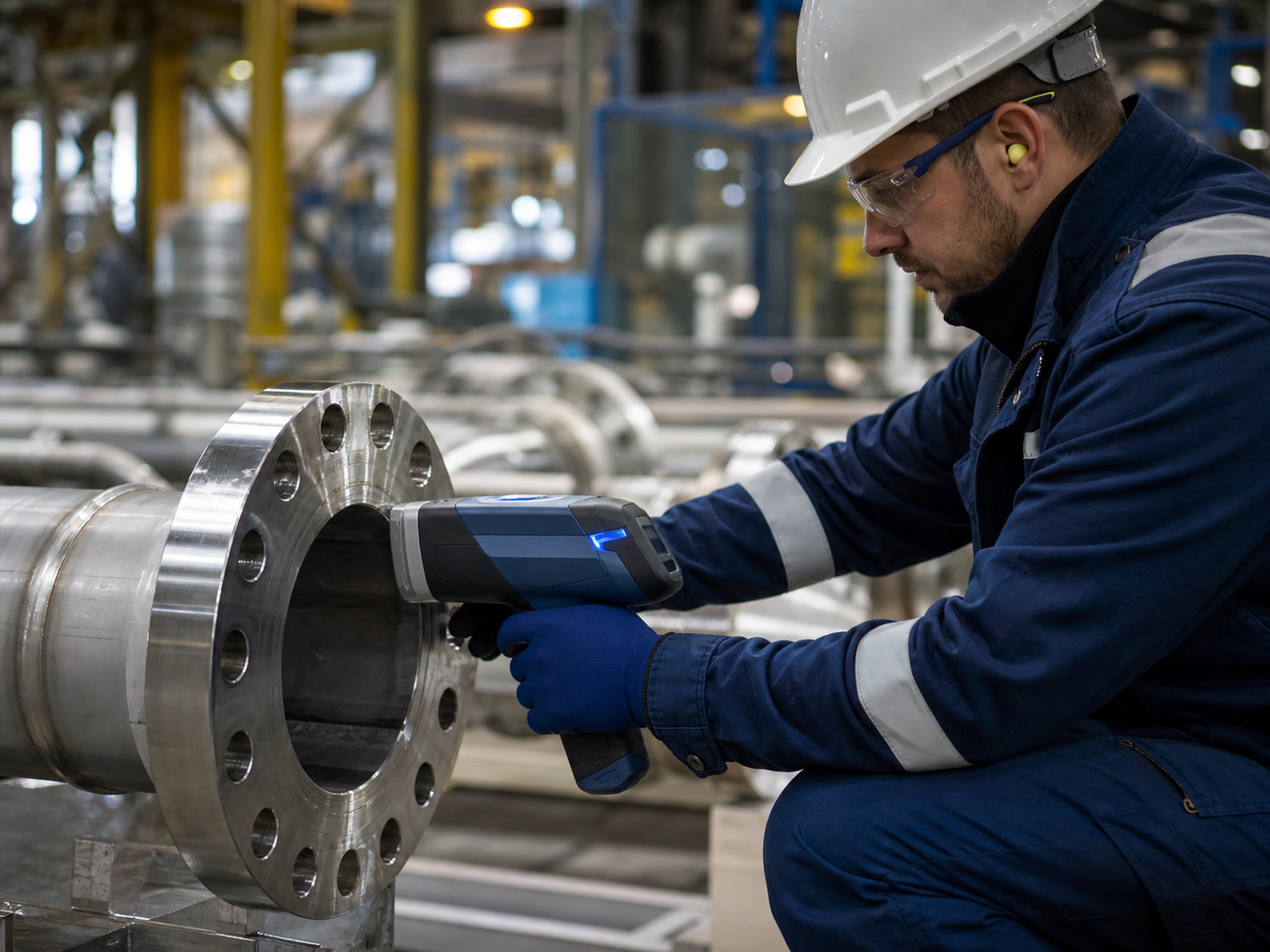 Technician carrying out positive material identification on industrial equipment