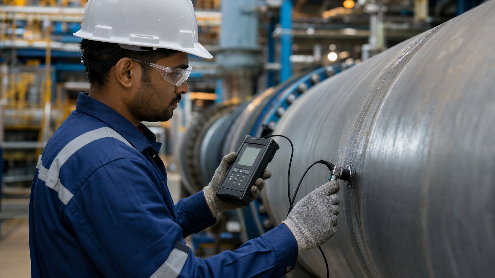 Technician performing ultrasonic thickness measurement on industrial equipment