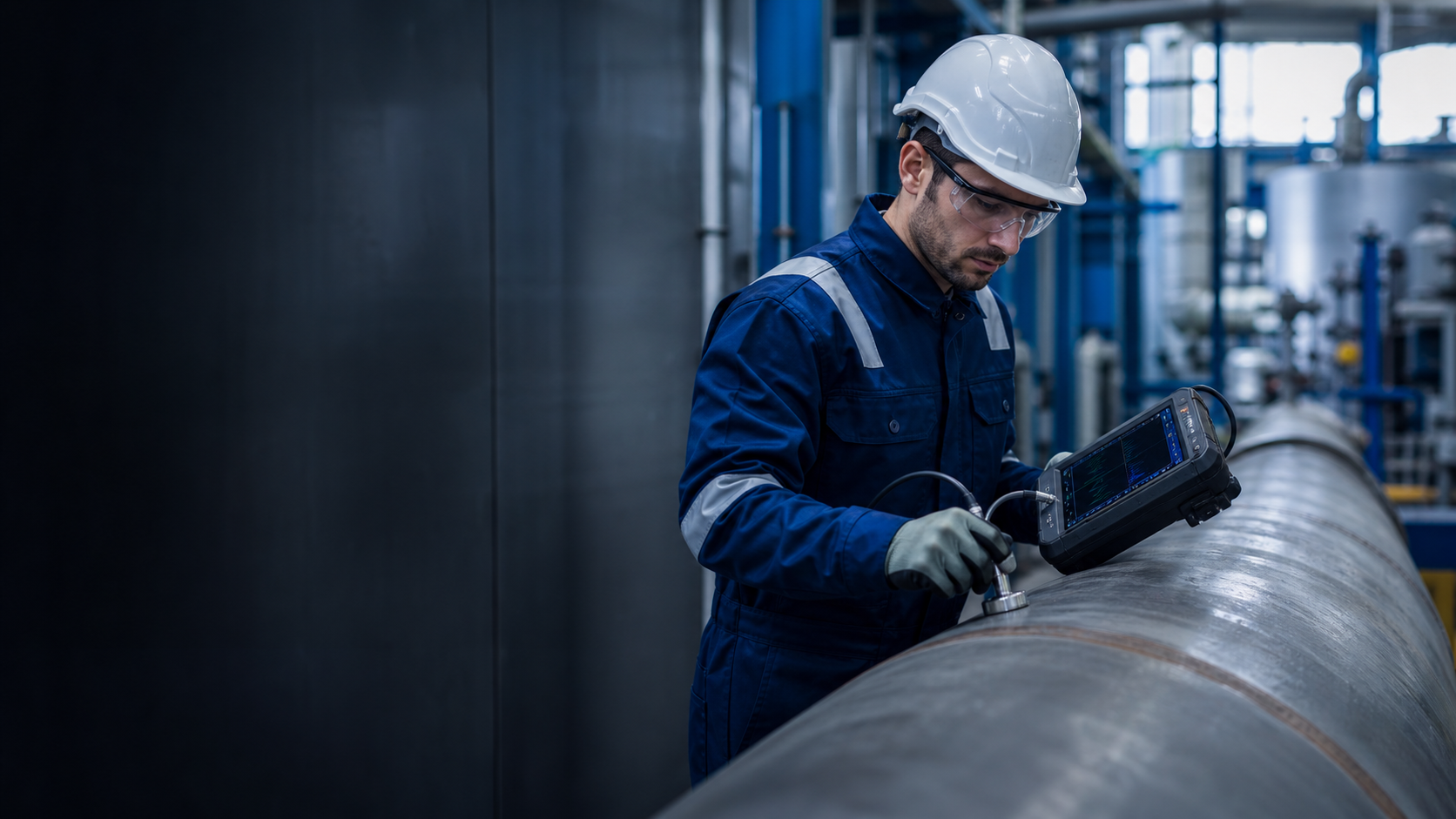 Technician carrying out ultrasonic inspection on industrial equipment